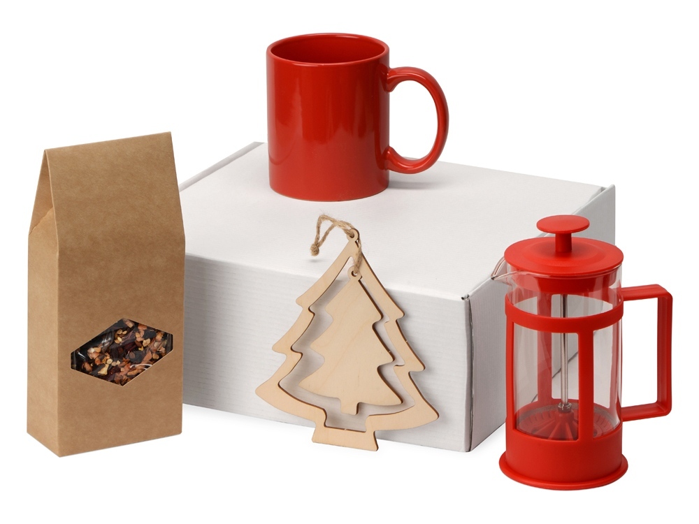 Подарочный набор с чаем, кружкой, френч-прессом и новогодней подвеской &quot;Чаепитие&quot;, красный