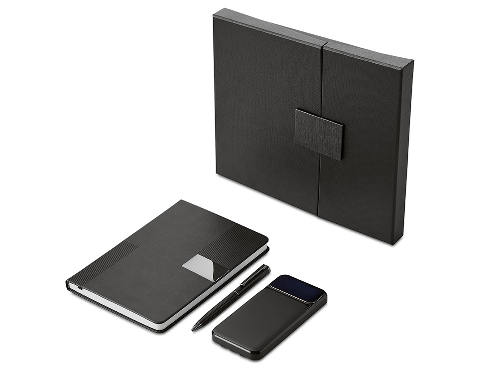 Подарочный набор "Tesla" с блокнотом А5, ручкой и пауэрбенком на 10 000 mAh, черный