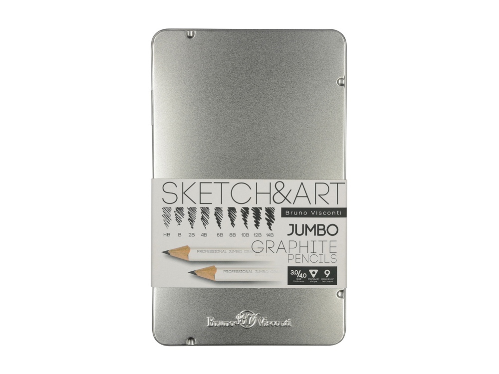 Набор чернографитовых карандашей  &quot;Sketch &amp; Art&quot;  утолщенные,9 шт. hb-14b,  металлическая коробка с ложементом