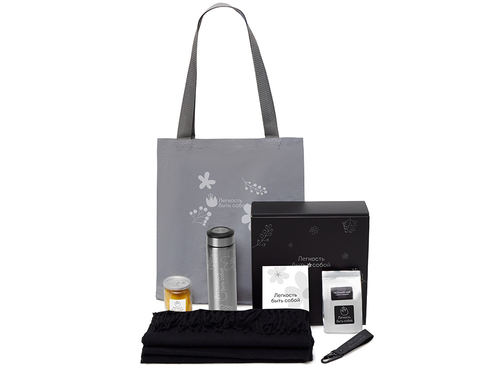 Подарочный набор «Re:f. Walk» с палантином, шоппером и термосом, черный