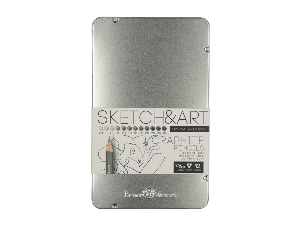 Набор чернографитовых карандашей  &quot;Sketch &amp; Art&quot; ,12 шт. 2h-9b, металлическая коробка с ложементом
