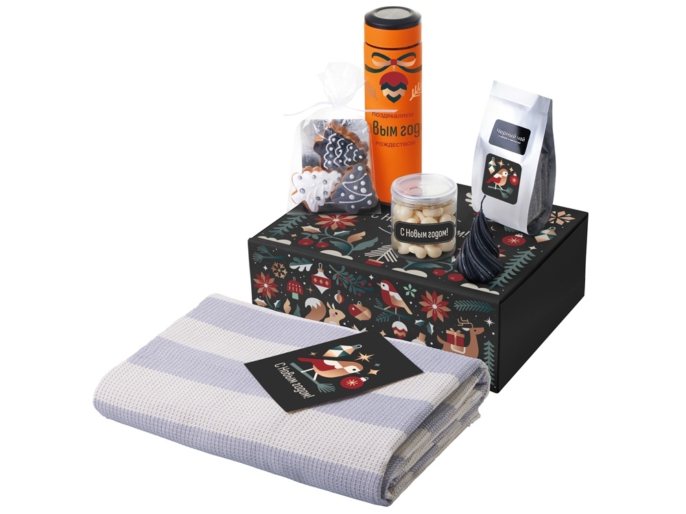 Подарочный набор c пледом, термосом, свечой и миндалем, оранжевый