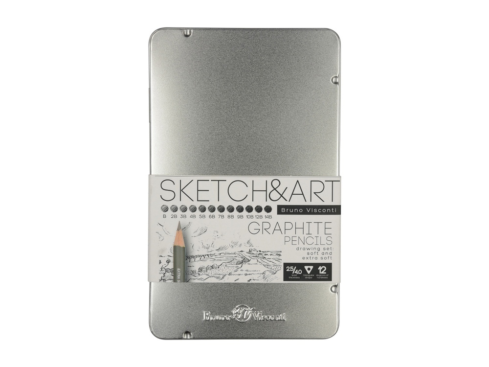 Набор чернографитовых карандашей  &quot;Sketch &amp; Art&quot; ,12 шт. b-14b,  металлическая коробка с ложементом