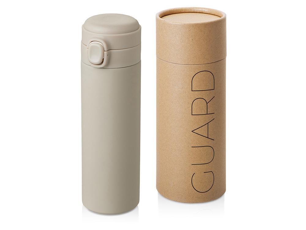 Вакуумная термокружка Waterline c кнопкой «Guard», 400 мл, тубус, бежевый