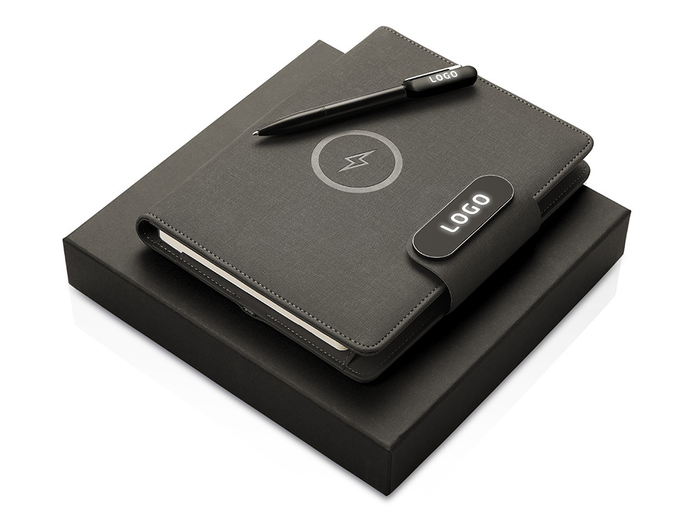 Подарочный набор металлическая ручка и блокнот А5 &quot;Twilight&quot;  со светящимся логотипом и пауэрбэнком