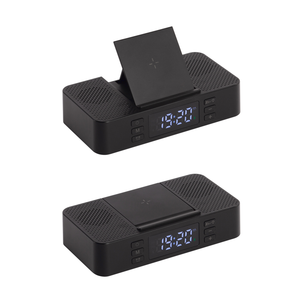 Настольные часы &quot;Smart Box&quot; с bluetooth колонкой (2х3Вт), беспроводным (15W) зарядным устройством и складной подставкой под смартфон